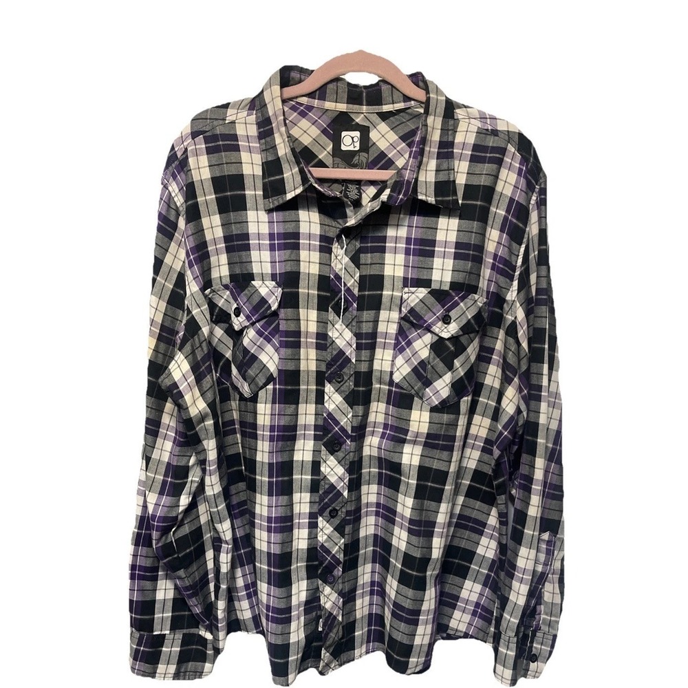 OP Men's Flannel Shirt Black Plaid Size 2XL Long Sleeve